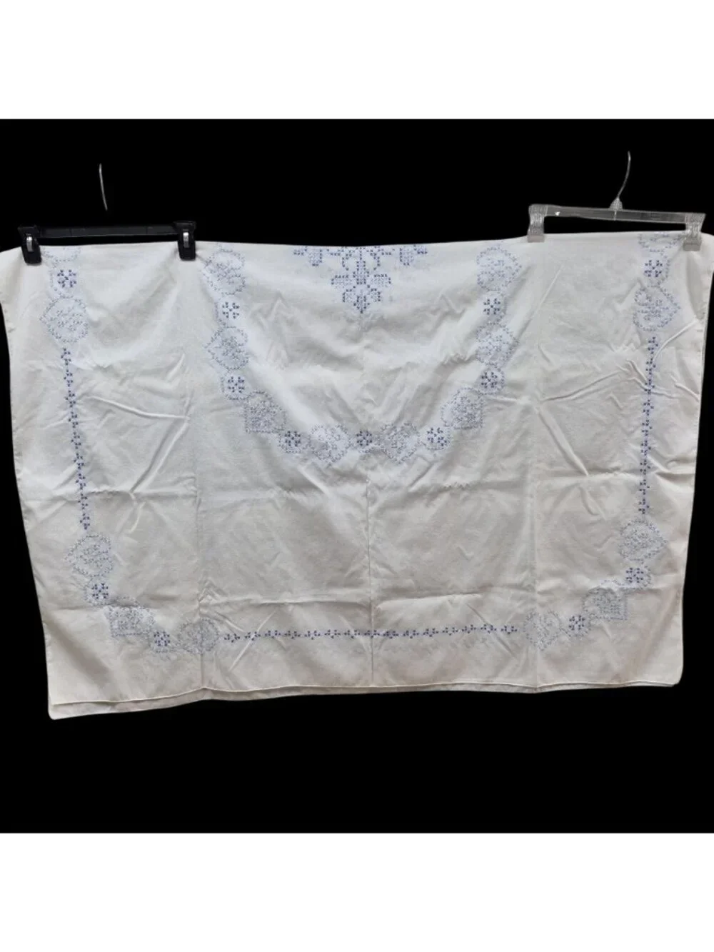 Vintage Hand Embroidered White Tablecloth Blue Cross-Stitch Heart Floral Cotton